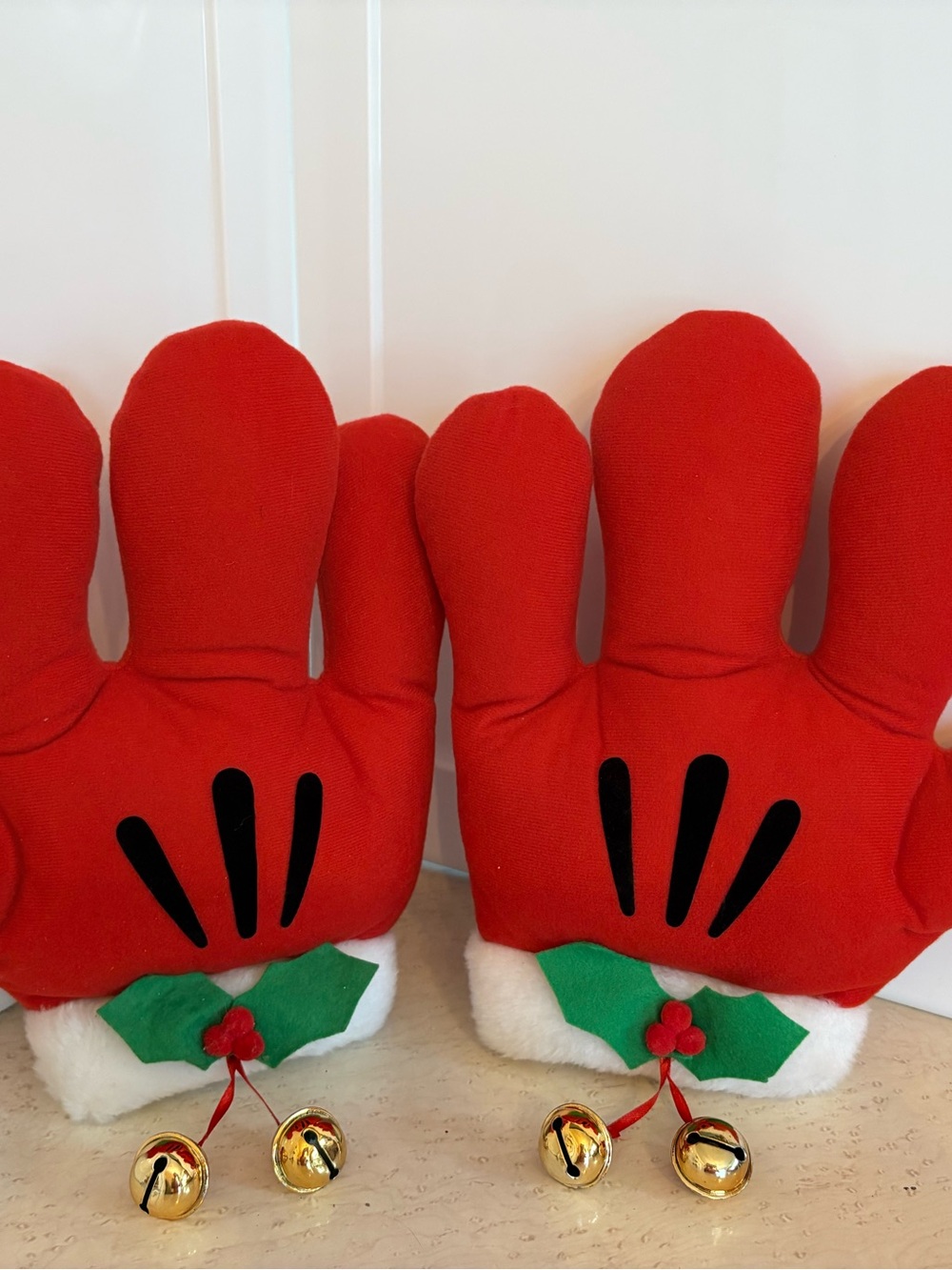 Holiday Red Plush Mickey Glove Stocking Holders with Bells